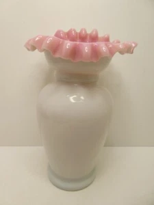 ANTIQUE VICTORIAN PINK WHITE MILK GLASS RUFFLED TOP VASE - Picture 1 of 5
