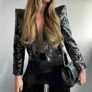 Zara Sequin Blazer Jacket Black Cropped Shoulder Pads Limited Edition Medium - Picture 1 of 21