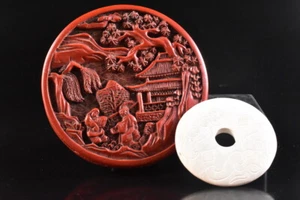 T6256: XF Japanese Stone jade/jewels pattern ORNAMENTS w/signed box Buddhist art - Picture 1 of 7