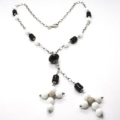 COLLANA ARGENTO 925, ONICE NERA TUBO, DOPPIA CROCE PENDENTE, CATENA OVALE - Immagine 1 di 4