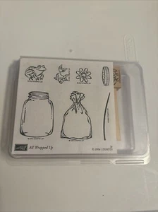 Stampin Up! All Wrapped Up Set of 7 Mounted Rubber Stamp Frog Jar Fish Flower - Picture 1 of 4