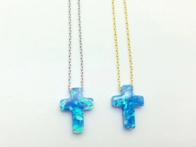 Collar Cruz Ópalo Vermeil Plata de Ley 925/Oro 18K Protección Azul Claro Foto 1 de 2