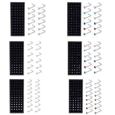 60Pcs 20G L-Shaped CZ Nose Rings Bone Stud Stainless Steel Body Piercing Jewelry - Image 1 of 4