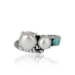 Handmade Twisted Design Double Pearl & Turquoise Oxidized Gemstone Ring For Gift - Picture 1 of 6