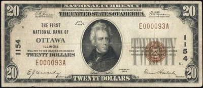 Billete de 20 dólares de Ottawa, IL First National Bank 1929 carta #1154 Foto 1 de 2