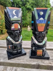 2 x Azteken geschnitzte Onyx Maya Intarsien Halbedelsteine Abalone Figuren Buchstützen - Bild 1 von 20