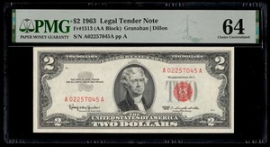 Legal Tender Note 1963 - $2 Two Dollars Fr#1513 AA Block - PMG Choice UNC 64 - Picture 1 of 2