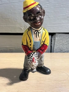 Vintage Americana Gentleman Holding a Chicken Cast Iron Coin Piggy Bank - Picture 1 of 8