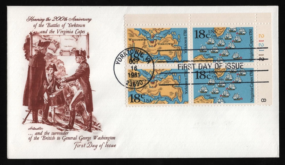 #1938a 18c Yorktown & Virginia Capes-Plate Block, Artmaster **ANY 5=FREE SHIP** - Image 1 of 1