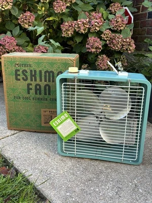 Vintage Eskimo Breeze Box 12" Fan W/ Original Box 3 Speed Turquoise 12105 1950s - Image 1 of 4