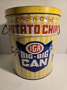 Barattolo di latta vintage grande IGA BIG-BIG CAN patatine fritte con manici e coperchio - Foto 1 di 19