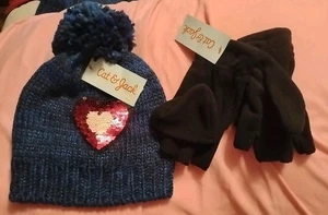 Cat & Jack MÄDCHEN 8-16 BLAU SCHIMMERND BOMMEL BEANIE MÜTZE & SCHWARZE FINGERLOSE FÄUSTLINGE    - Bild 1 von 4