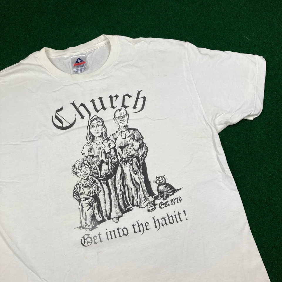 Camisa Iglesia De Colección Para Hombres XL Blanca Entra En El Hábito Religioso Humor Divertido Y2K Foto 1 de 4
