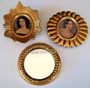 Vintage Gold Gilt Framed Wall Mirror Florentia + 2 Metal Women Print Framed Lot - Picture 1 of 10