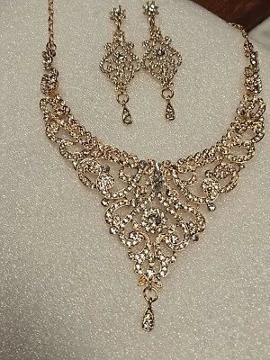 Juego de 3 Pendientes y Collar Elegante Vidrio Mosíaco Tono Dorado Plateado Fiesta Foto 1 de 4