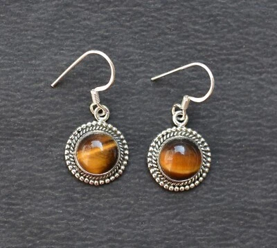 Occhio di Tigre Naturale Gemma Orecchini Originale 925 Argento Sterling Pendente - Immagine 1 di 4