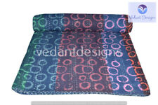 Reversible Block Kantha Quilt Blue Double Blanket Bohemian Bed Runner Gudari