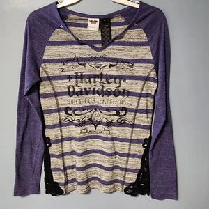 HARLEY DAVIDSON Women's Gray Purple Lace Vneck 3d Graphic Long Sleeve Shirt Sz M - Picture 1 of 8