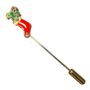 Vintage Christmas Hat Pin Stick Pin Stocking Holly Bow Gold Tone Enamel - Picture 1 of 12