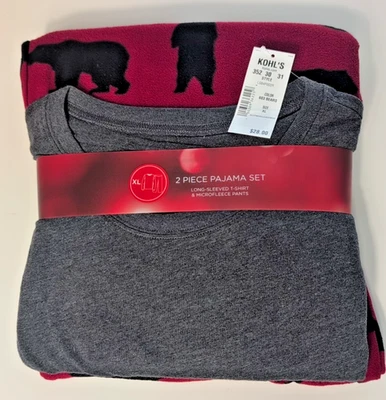 Mens Pajama Set Microfleece Pants Gray Red Bears Long Sleeve Tee Shirt XL NWT - Image 1 of 3