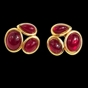Trifari TM Ohrringe goldfarben rot Jelly Gripoix Glas Cabachon Vintage - Bild 1 von 7