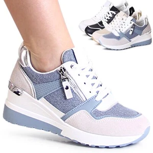 Damen Keilabsatz Sneaker Keil Halbschuhe Plateau Turnschuhe Mesh Lace Up - Bild 1 von 10