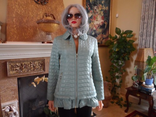 Giacca trapuntata Kate Spade NY Seafoam verde raso con orlo a volant taglia S