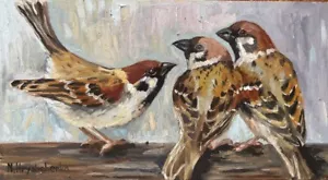Original oil painting Portrait of Birds, SPARROWS, animals, nature 5,5 x 10 inch - Picture 1 of 6