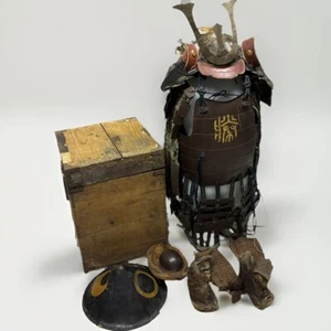 Japanese Antique Armor Yoroi Kabuto Samurai Retro Vintage in Wood Box Iron F/S - Picture 1 of 8