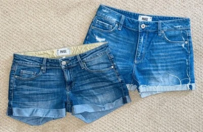 Lot Of 2 PAIGE 5-Pkt Frayed Cut-Offs Roll Up BLUE JEAN Denim SHORTS sz 25 ec - Image 1 of 4