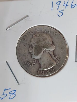 1946-S Washington Quarter Silver 25 Cent Coin San Francisco Mint Ungraded - Image 1 of 2