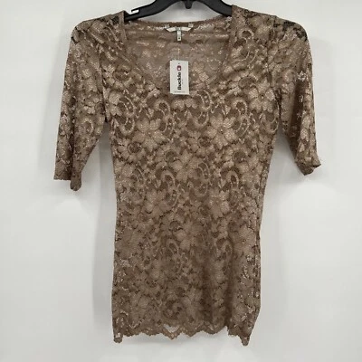 BKE Top Women’s Sz M Beige Sparkle Lace Sheer Floral Romantic Boho Classic NWT - Image 1 of 4