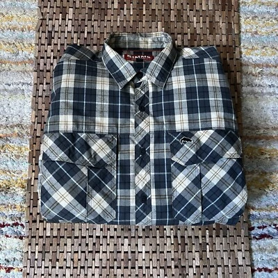 Simms Fishing Insulated Puffer Jacket Snap Shirt Khaki Black Plaid Men’s Medium - Image 1 of 4