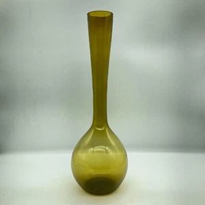 MCM Vase 15.75" Long Neck Hand Blown Olive Art Glass Bulb Base Tall Vintage - Picture 1 of 8