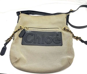 Chloe Harley Shoulder Bag Canvas Leather Beige Black Auth - Picture 1 of 23