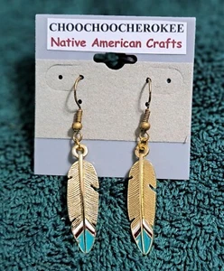 Handcrafted Native American Gold & Turquois Feather Earrings, Crafted in the USA - Picture 1 of 1