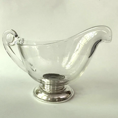 Sterling Silver and Glass Gravy Boat Sauce Pitcher Vtg Frank Whiting Art Deco Cover