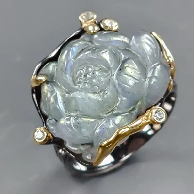 Carving 25 ct Natural Labradorite Ring 925 Sterling Silver Size 8 /R431511 - Image 1 of 4