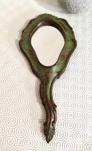 miroir a main vénitien ancien en bois vintage - Foto 1 di 5