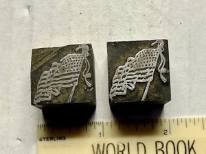 2 Vintage Letterpress Printing Blocks Waving American Flag Lead - Picture 1 of 3
