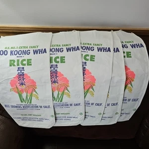 Lotto di 5 sacchetti di riso vintage Moo Koong Wha 10 libbre vuoti ottima grafica e colore 18"x9" - Foto 1 di 11