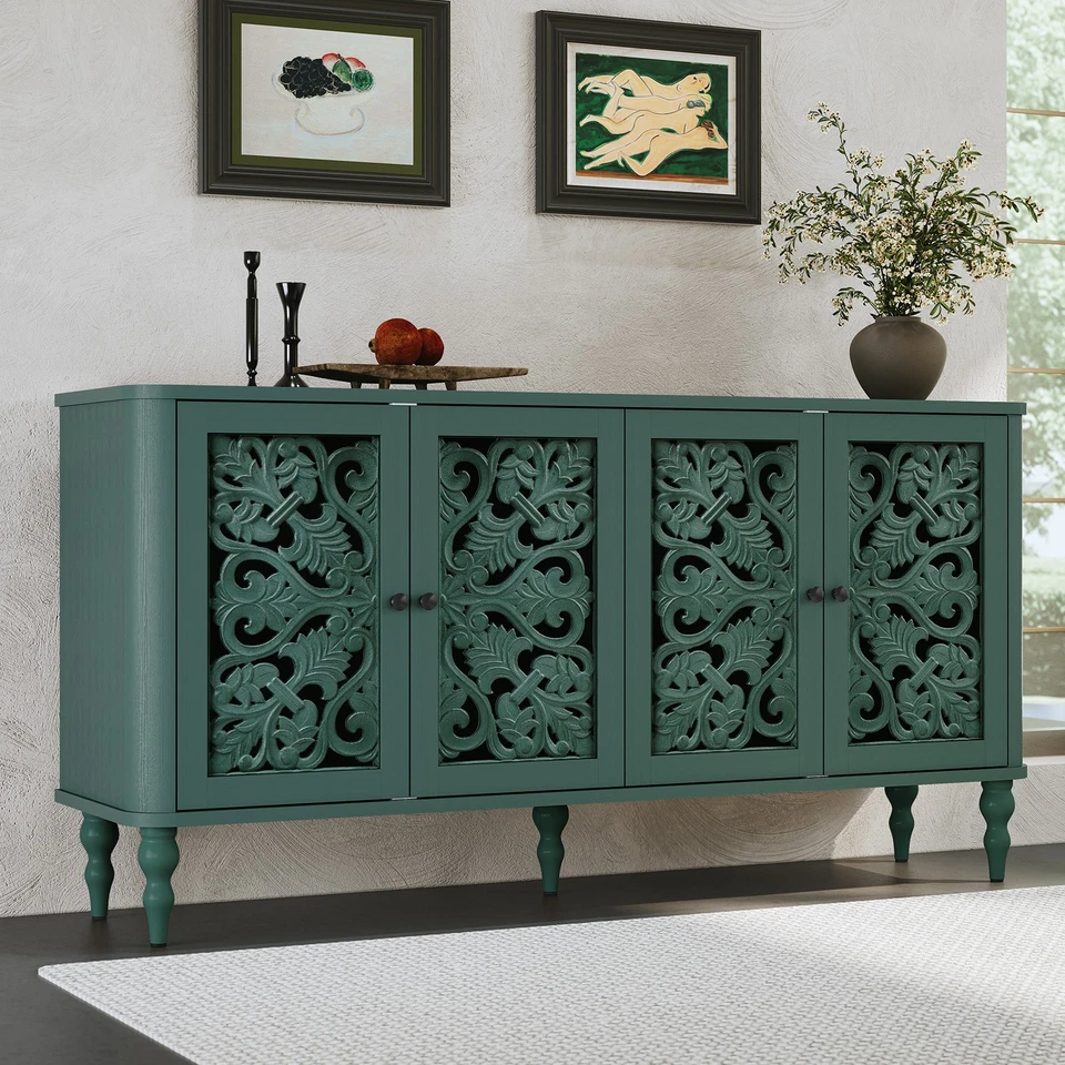 Carved Buffet Cabinet Accent Cabinet with 4 Craft Doors Storage for Living Room - Image 1 of 4