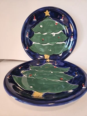 Platos de cena vintage Gibson festivos pintados a mano azul árbol de Navidad 11" usados Foto 1 de 4