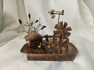 VTG METAL COPPER MUSIC BOX w WINDMILL & AIRPLANE SCULPTURE [ WORKS] Sankyo Japan - Picture 1 of 8