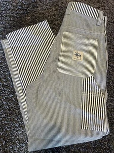 Stussy Canvas Double Knee Work Wear Pants Navy Blue White Striped Size 28 NWT - Picture 1 of 12