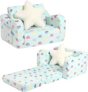 Toddler Couch, 2-In-1 Toddler Soft Couch Fold Out with Star Pillow, Convertible - Picture 1 of 6