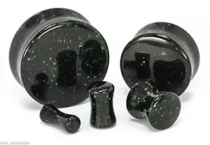 PAIR-Glass Goldstone Green Saddle Flare Ear Plugs 11mm/7/16" Gauge - Picture 1 of 3
