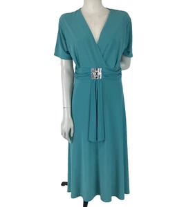 Damart Dress Light Teal Size 14 A Line Midi Beaded Waist Stretch Cocktail Party - Picture 1 of 13