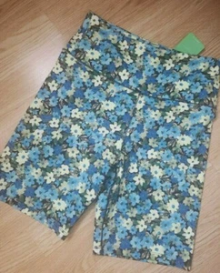 Women size S floral print blue yellow flowers high waisted training biker shorts - Picture 1 of 4