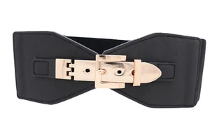 Women Faux Leather Black Elastic Fashion Belt Fancy Gold Color Metal Buckle S M - Picture 1 of 12